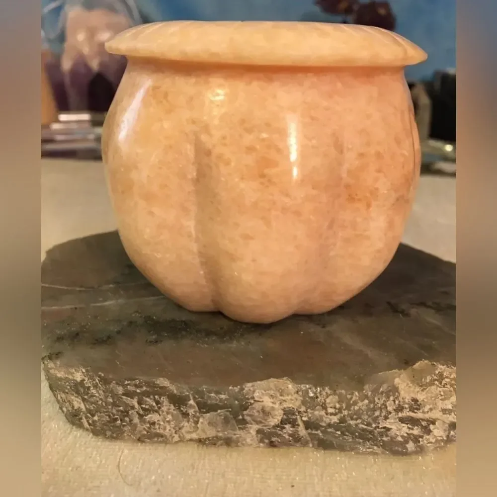 Hand Carved Sunstone Jack-o-lantern Pumpkin Crystal Candle Holder 358g